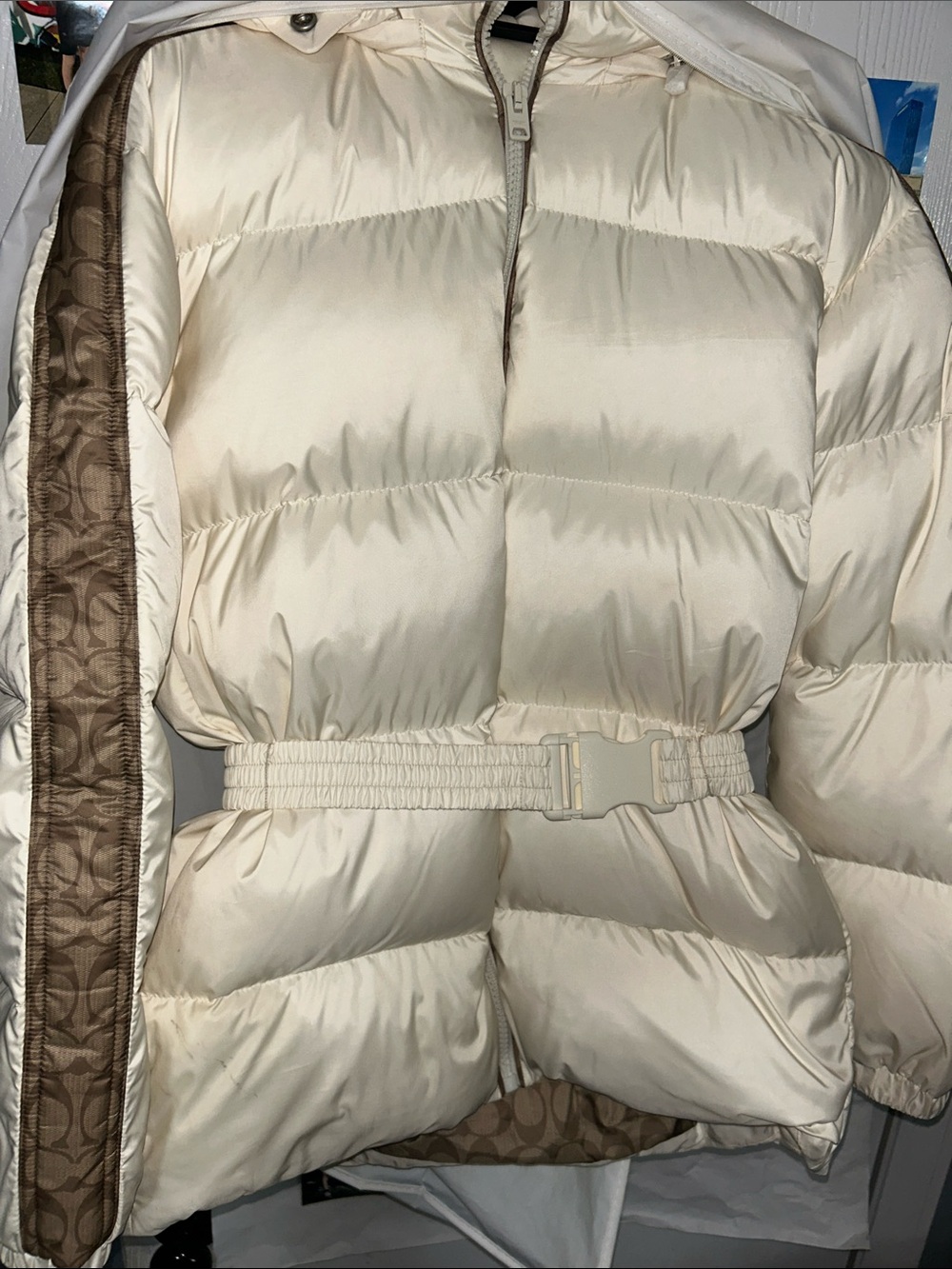 Cream Coach Puffer Belted Jacket